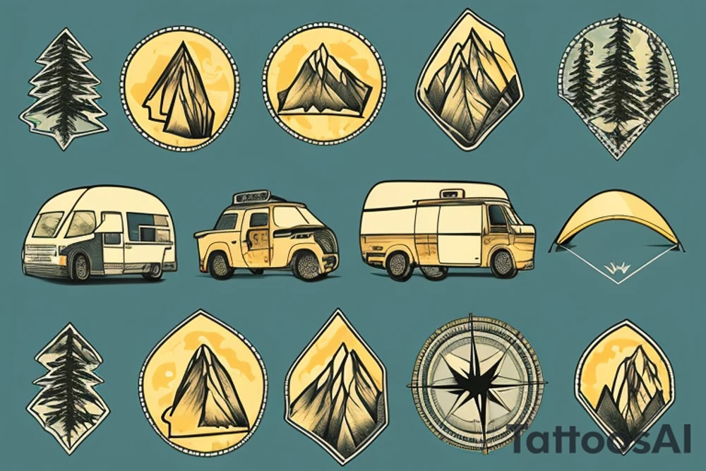 Mountains with trees next to them a tent and a van with a Motorcycle background a Compass tattoo idea