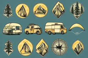 Mountains with trees next to them a tent and a van with a Motorcycle background a Compass tattoo idea