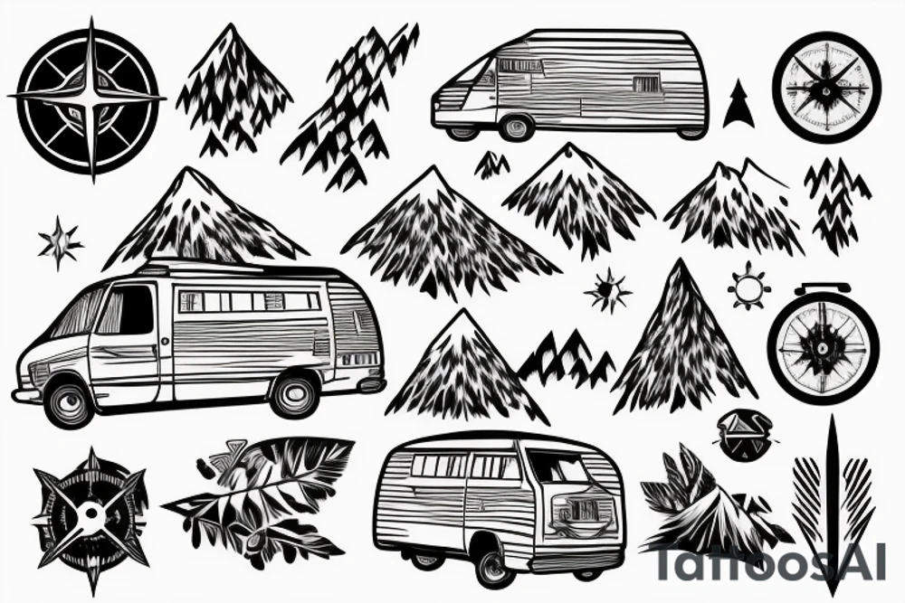 Mountains with trees next to them a tent and a van with a Motorcycle background a Compass tattoo idea