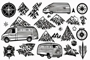 Mountains with trees next to them a tent and a van with a Motorcycle background a Compass tattoo idea
