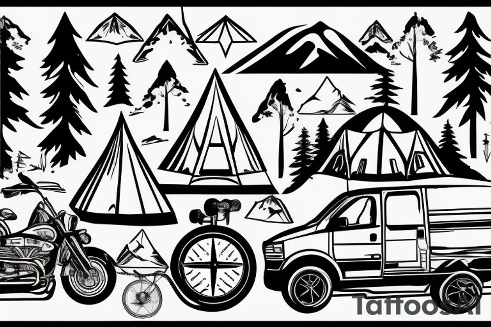 Mountains with trees next to them a tent and a van with a Motorcycle background a Compass tattoo idea
