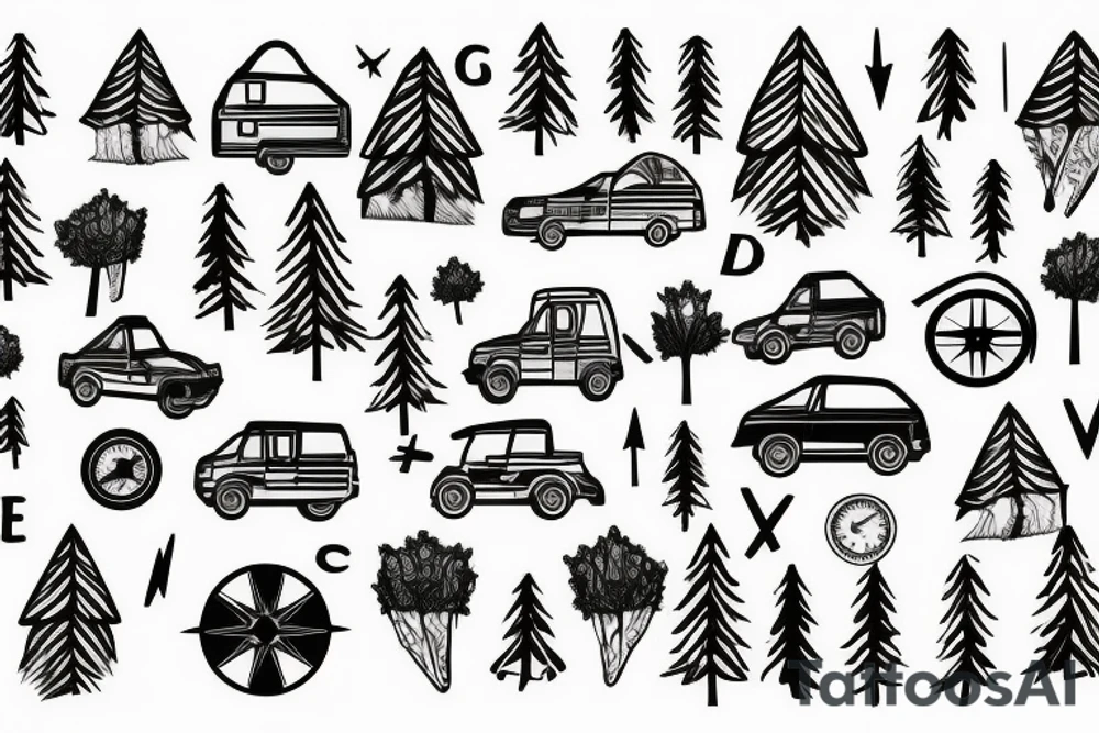Mountains with trees next to them a tent and a van with a Motorcycle background a Compass birds in the sky tattoo idea