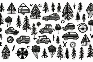 Mountains with trees next to them a tent and a van with a Motorcycle background a Compass birds in the sky tattoo idea