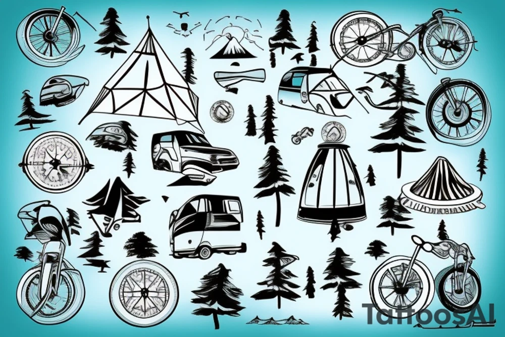 Mountains with trees next to them a tent and a van with a Motorcycle background a Compass birds in the sky tattoo idea