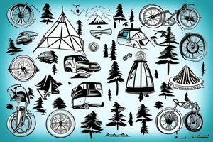 Mountains with trees next to them a tent and a van with a Motorcycle background a Compass birds in the sky tattoo idea