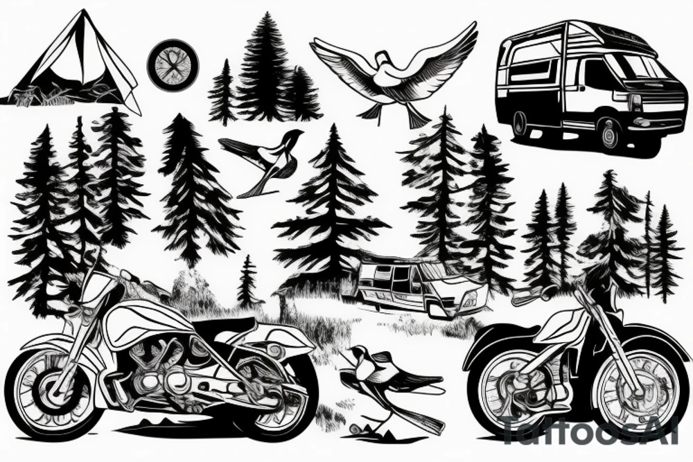 Mountains with trees next to them a tent and a van with a Motorcycle background a Compass birds in the sky tattoo idea