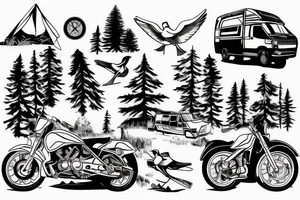 Mountains with trees next to them a tent and a van with a Motorcycle background a Compass birds in the sky tattoo idea