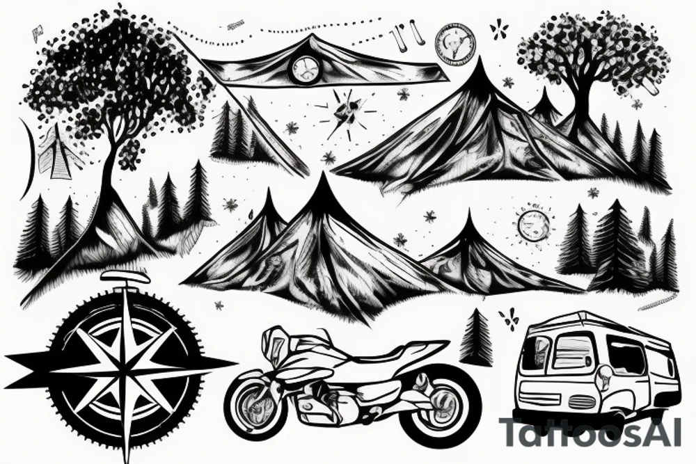 Mountains with trees next to them a tent and a van with a Motorcycle background a Compass birds in the sky tattoo idea