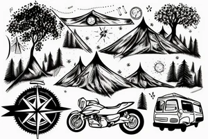 Mountains with trees next to them a tent and a van with a Motorcycle background a Compass birds in the sky tattoo idea