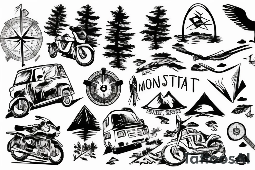 Mountains with trees next to them a tent and a van with a Motorcycle background a Compass birds in the sky tattoo idea