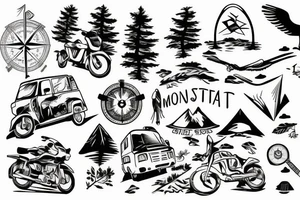 Mountains with trees next to them a tent and a van with a Motorcycle background a Compass birds in the sky tattoo idea