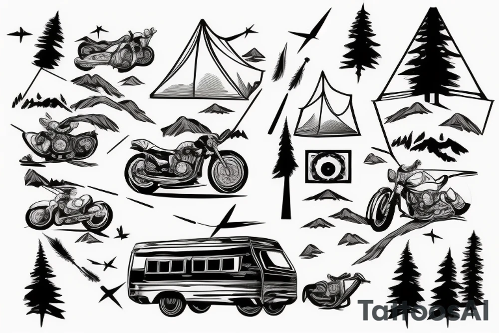 Mountains with trees next to them a tent and a van with a Motorcycle background a Compass birds in the sky tattoo idea