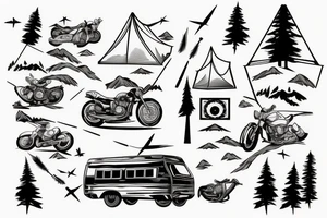 Mountains with trees next to them a tent and a van with a Motorcycle background a Compass birds in the sky tattoo idea