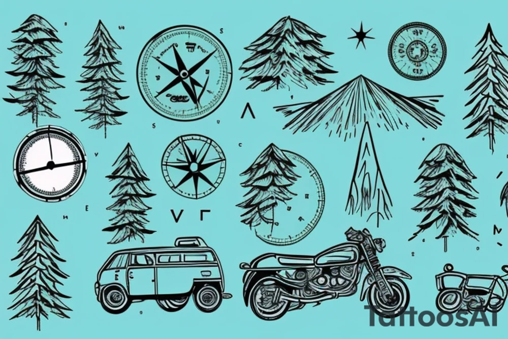 Mountains with trees next to them a tent and a van with a Motorcycle background a Compass birds in the sky tattoo idea