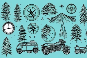 Mountains with trees next to them a tent and a van with a Motorcycle background a Compass birds in the sky tattoo idea