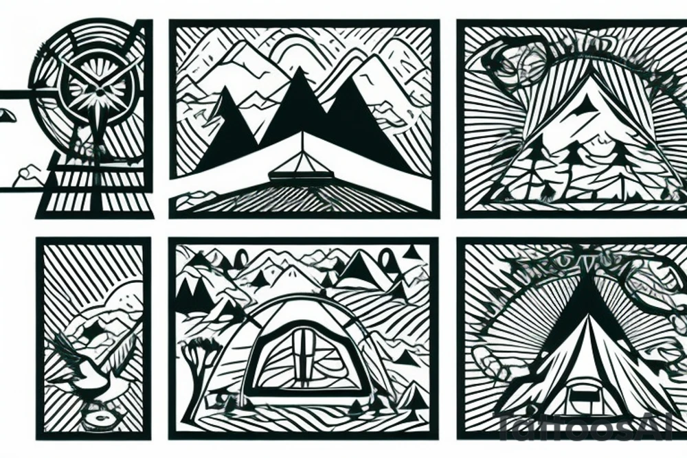 Mountains with trees next to them a tent and a van with a Motorcycle background a Compass birds in the sky tattoo idea