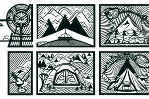 Mountains with trees next to them a tent and a van with a Motorcycle background a Compass birds in the sky tattoo idea