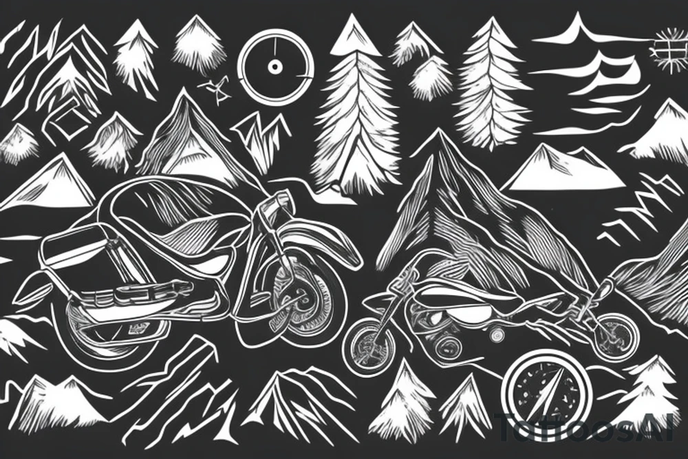 Mountains with trees next to them a tent and a van with a Motorcycle background a Compass birds in the sky heartbeat tattoo idea