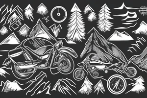 Mountains with trees next to them a tent and a van with a Motorcycle background a Compass birds in the sky heartbeat tattoo idea