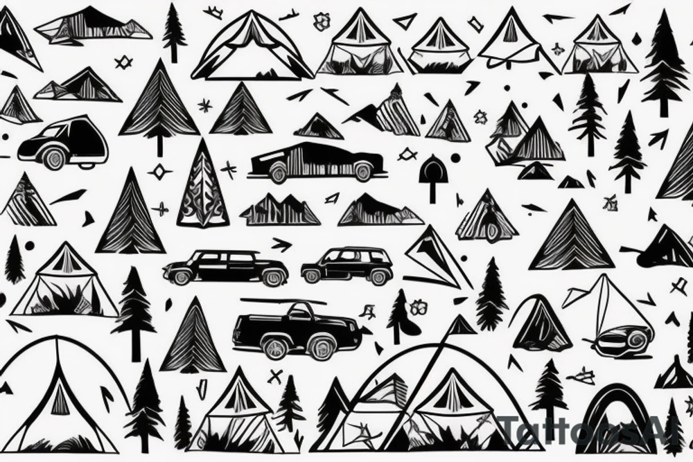 Mountains with trees next to them a tent and a van with a Motorcycle background a Compass birds in the sky heartbeat tattoo idea