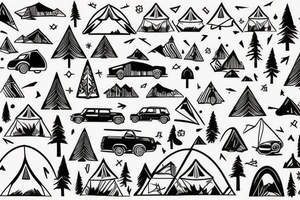 Mountains with trees next to them a tent and a van with a Motorcycle background a Compass birds in the sky heartbeat tattoo idea