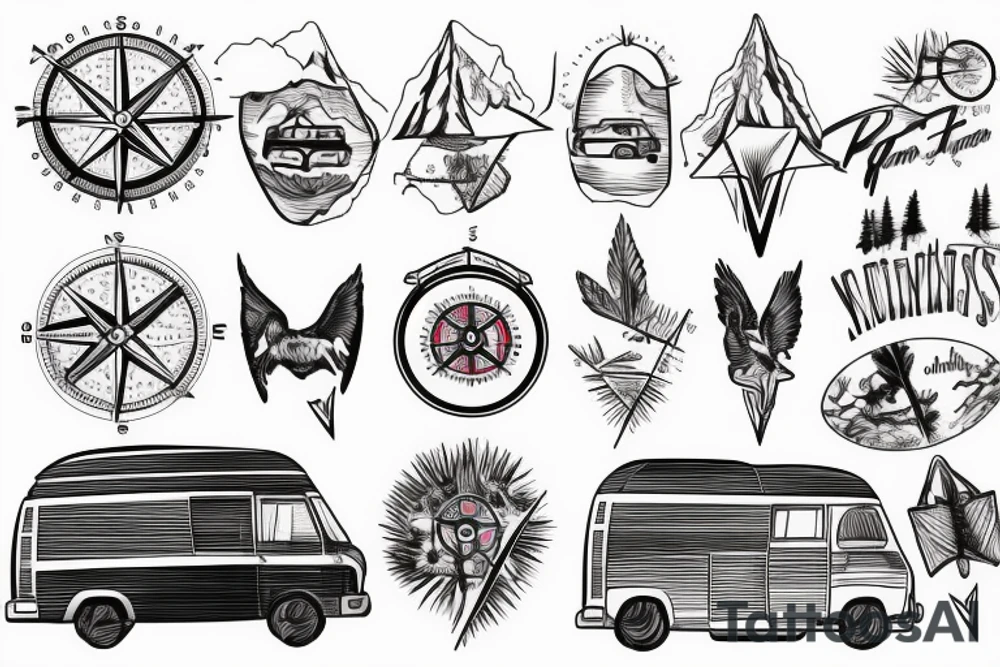 Mountains with trees next to them a tent and a van with a Motorcycle background a Compass birds in the sky heartbeat tattoo idea