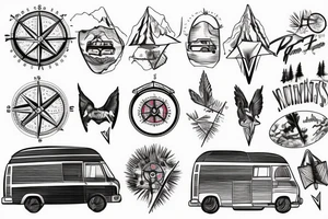 Mountains with trees next to them a tent and a van with a Motorcycle background a Compass birds in the sky heartbeat tattoo idea