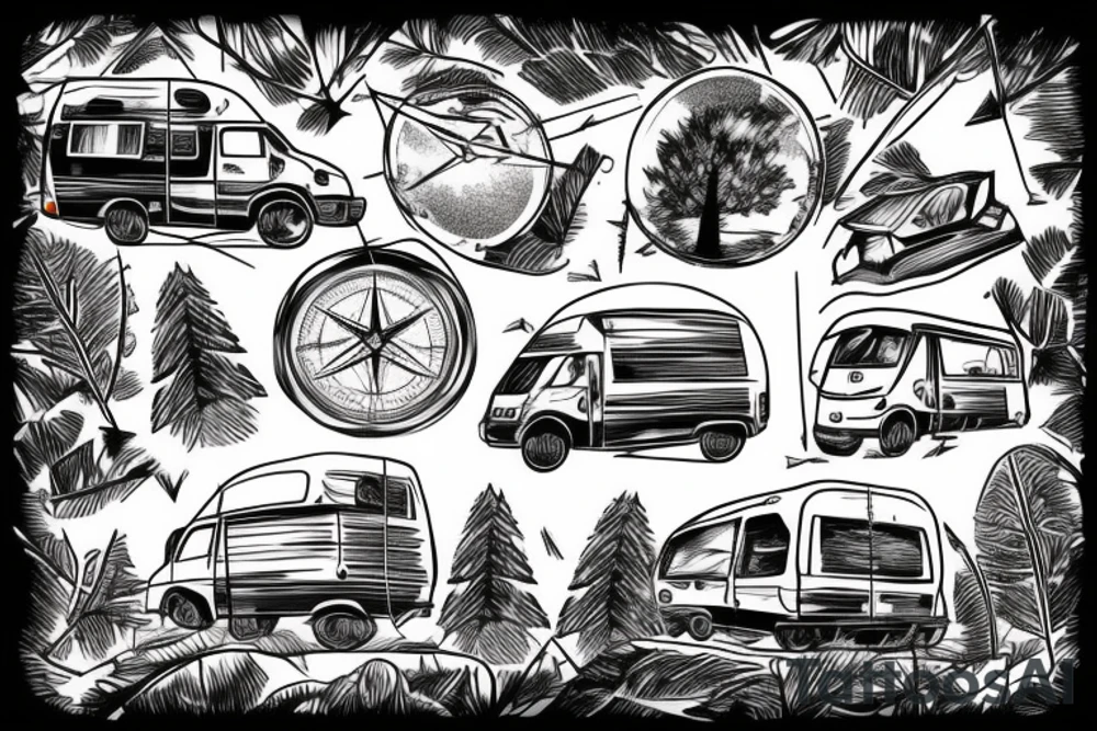 Mountains with trees next to them a tent and a van with a Motorcycle background a Compass birds in the sky heartbeat tattoo idea