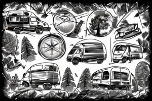 Mountains with trees next to them a tent and a van with a Motorcycle background a Compass birds in the sky heartbeat tattoo idea