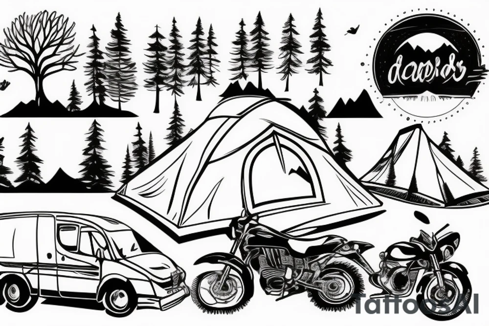 Mountains with trees next to them a tent and a van with a Motorcycle background a Compass birds in the sky heartbeat tattoo idea