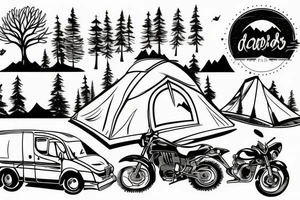 Mountains with trees next to them a tent and a van with a Motorcycle background a Compass birds in the sky heartbeat tattoo idea