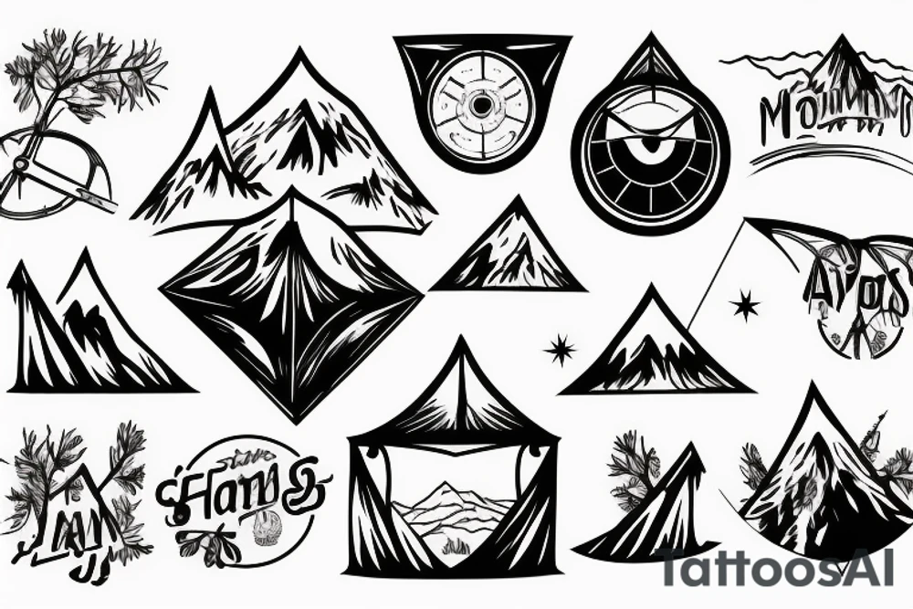 Mountains with trees next to them a tent and a van with a Motorcycle background a Compass birds in the sky heartbeat tattoo idea
