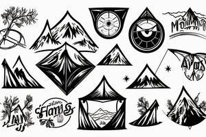 Mountains with trees next to them a tent and a van with a Motorcycle background a Compass birds in the sky heartbeat tattoo idea