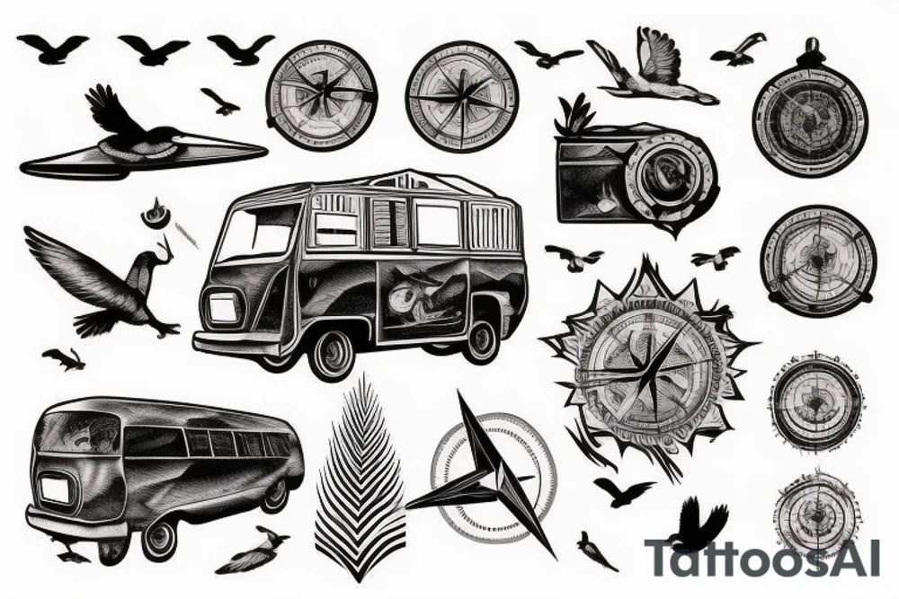Mountains , Van , Birds , Compass, Tent tattoo idea
