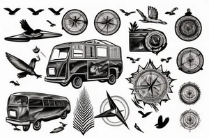 Mountains , Van , Birds , Compass, Tent tattoo idea