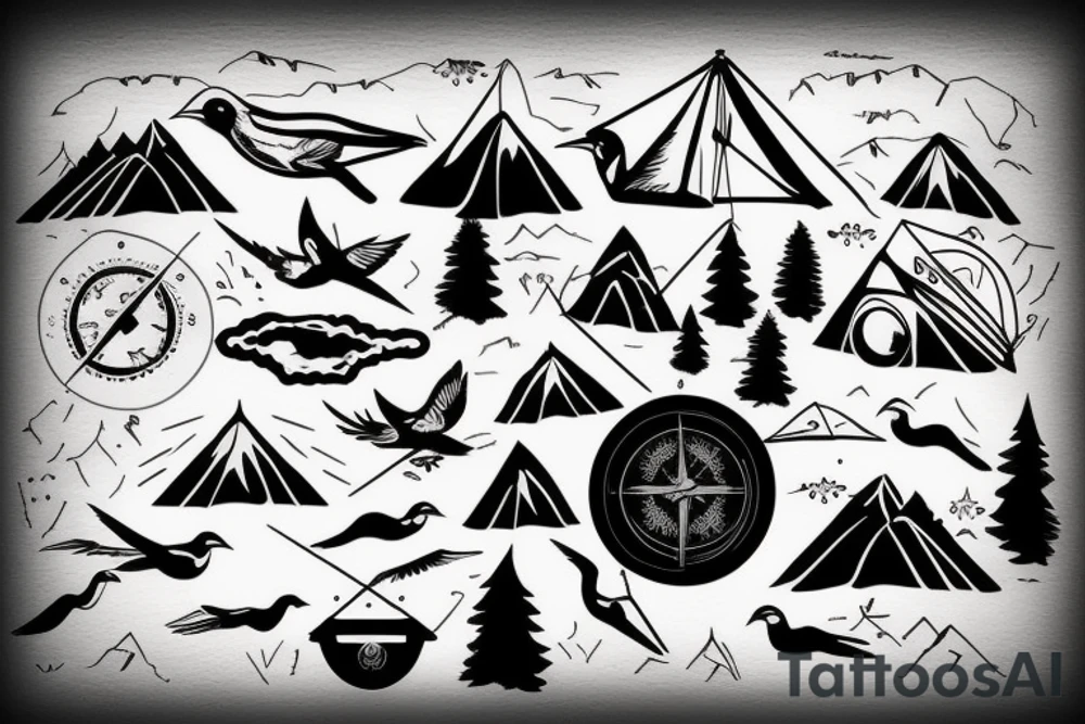 Mountains , Van , Birds , Compass, Tent tattoo idea