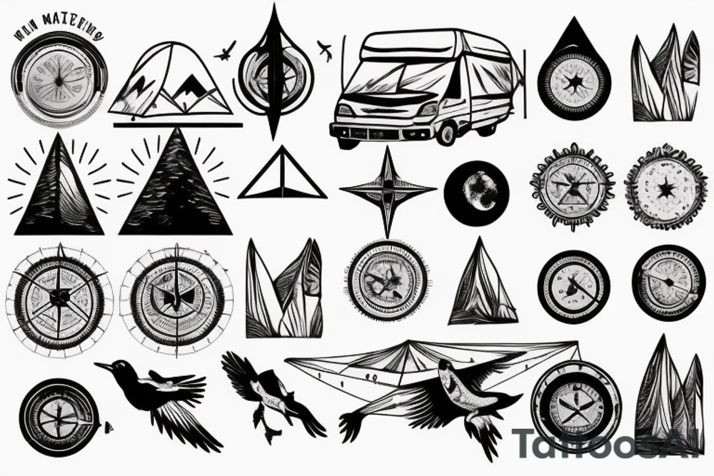 Mountains , Van , Birds , Compass, Tent tattoo idea