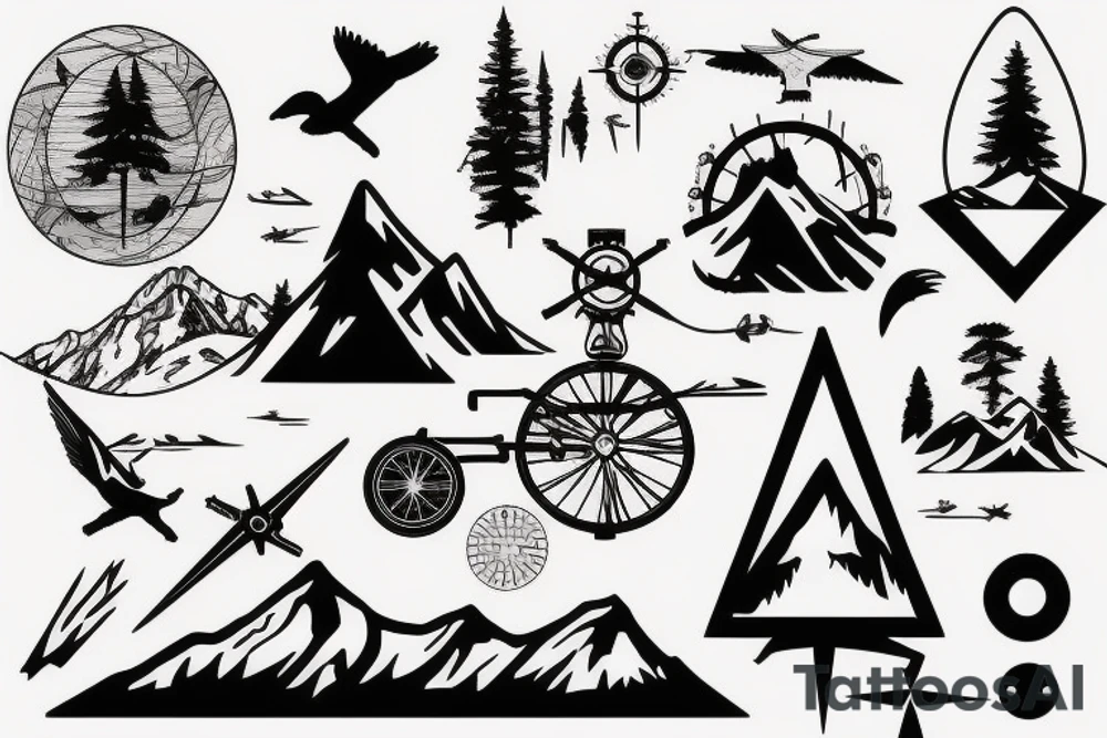 Mountains, Compass, Adventure, Van, Trees, Crossbike, birds tattoo idea