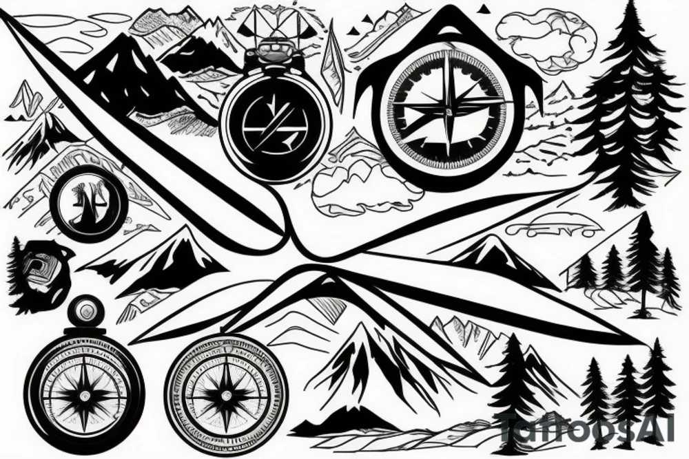 Mountains, Compass, Adventure, Van, Trees, Motorcycle, birds tattoo idea Mountains, Compass, Adventure, Van, Trees, Motorcycle, birds tattoo idea