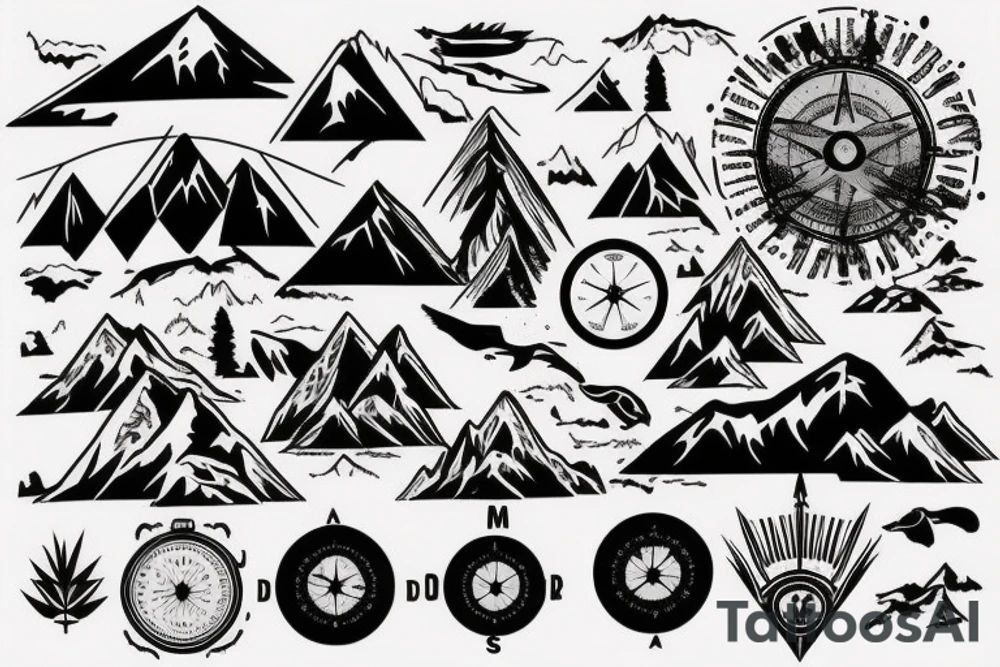 Mountains, Compass, Adventure, Van, Trees, Motorcycle, birds tattoo idea Mountains, Compass, Adventure, Van, Trees, Motorcycle, birds tattoo idea