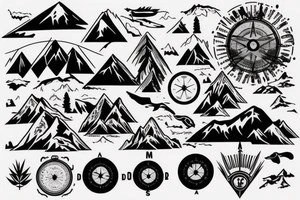 Mountains, Compass, Adventure, Van, Trees, Motorcycle, birds tattoo idea
