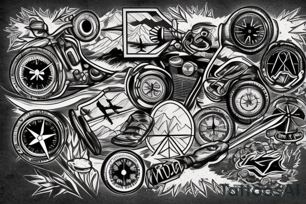 Mountains, Compass, Adventure, Van, Trees, Motorcycle, birds tattoo idea