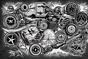 Mountains, Compass, Adventure, Van, Trees, Motorcycle, birds tattoo idea