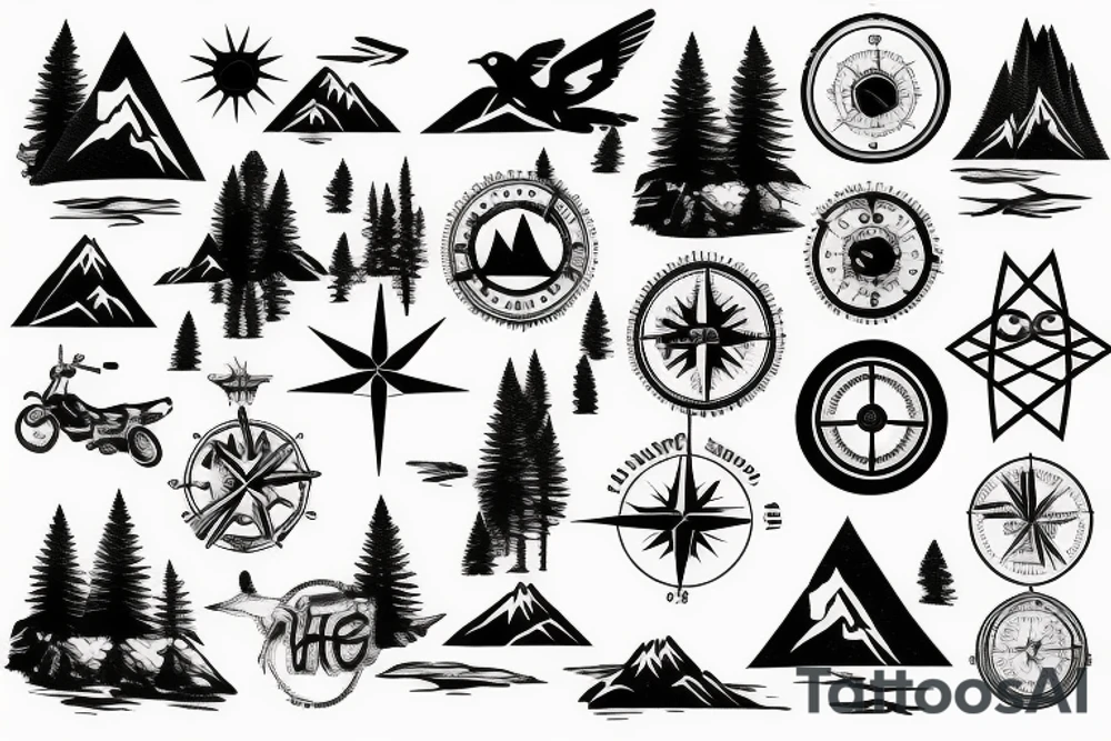 Mountains, Compass, Adventure, Van, Trees, Motorcycle, birds tattoo idea Mountains, Compass, Adventure, Van, Trees, Motorcycle, birds tattoo idea