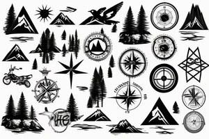 Mountains, Compass, Adventure, Van, Trees, Motorcycle, birds tattoo idea