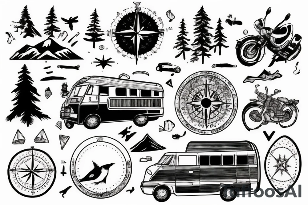 Mountains, Compass, Adventure, Van, Trees, Motorcycle, birds tattoo idea Mountains, Compass, Adventure, Van, Trees, Motorcycle, birds tattoo idea
