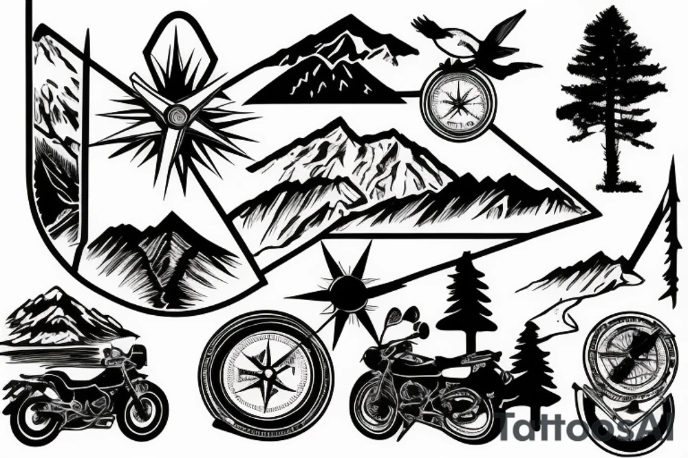 Mountains, Compass, Adventure, Van, Trees, Motorcycle, birds tattoo idea Mountains, Compass, Adventure, Van, Trees, Motorcycle, birds tattoo idea