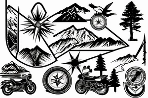 Mountains, Compass, Adventure, Van, Trees, Motorcycle, birds tattoo idea