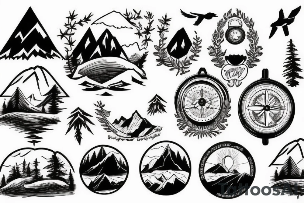 Mountains, Compass, Adventure, Van, Trees, Motorcycle, birds tattoo idea