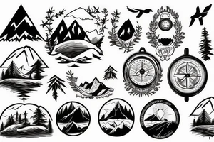 Mountains, Compass, Adventure, Van, Trees, Motorcycle, birds tattoo idea